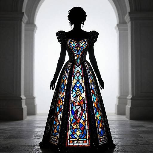 Silhouetted figure of a woman in a colorful, intricate stained glass gown, standing in an arched, dimly lit stone hallway.