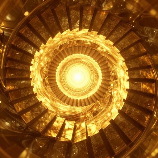 Photograph of a stunning, golden, spiral-staircase ceiling viewed from above, with warm, glowing light at the center, creating a mesmerizing