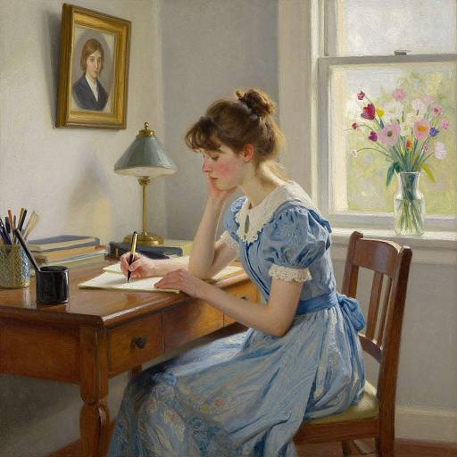 Photorealistic painting of a Victorian woman in blue dress, writing at wooden desk, sunlight streaming through window, flowers on table.