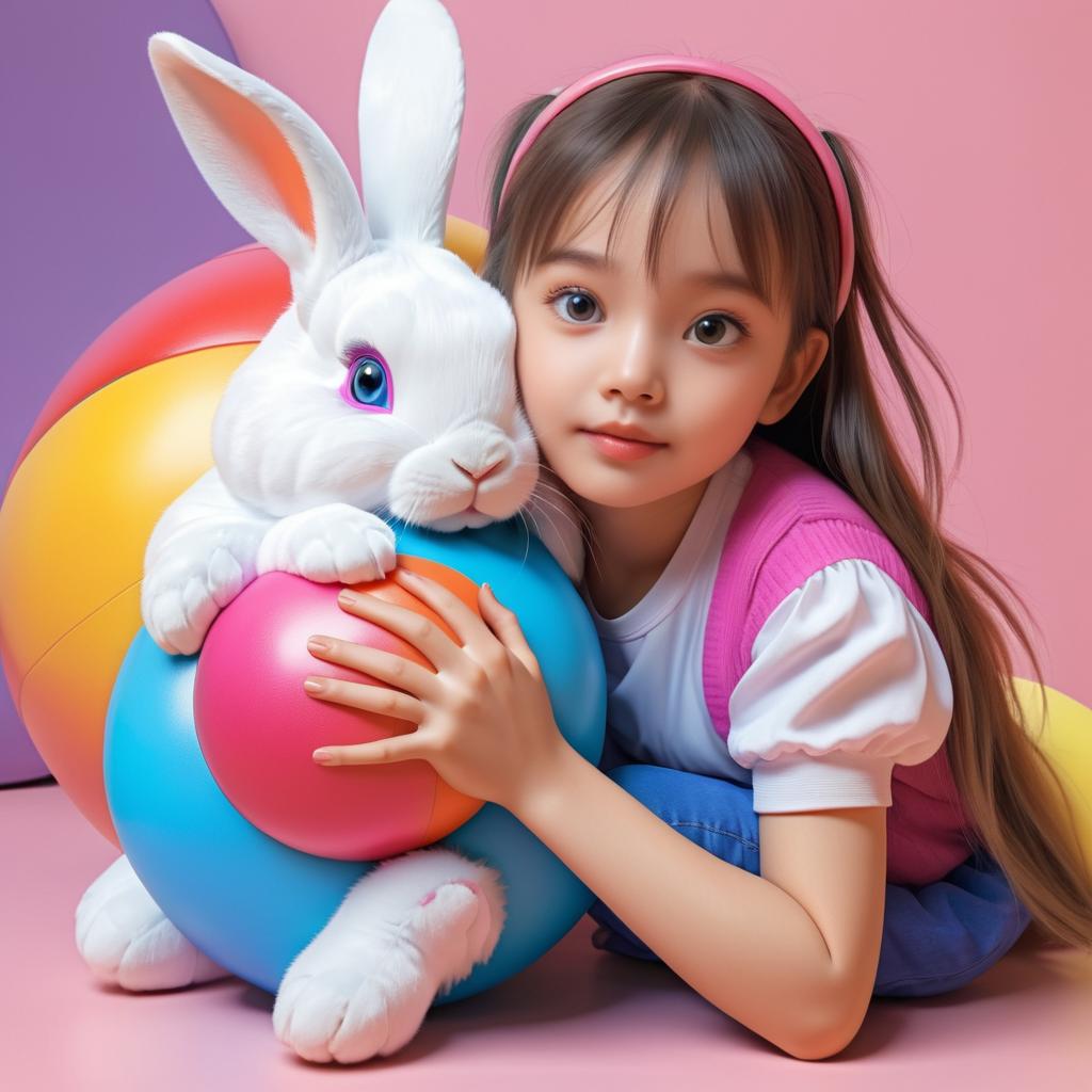 Girl Embracing Rabbit with Colorful Ball