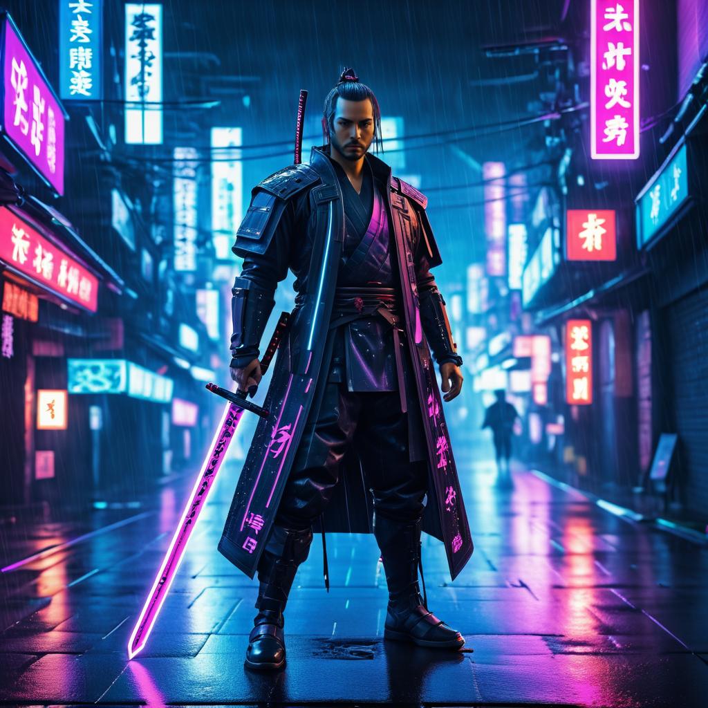 Neon Samurai: Cyberpunk Portrait in Rain