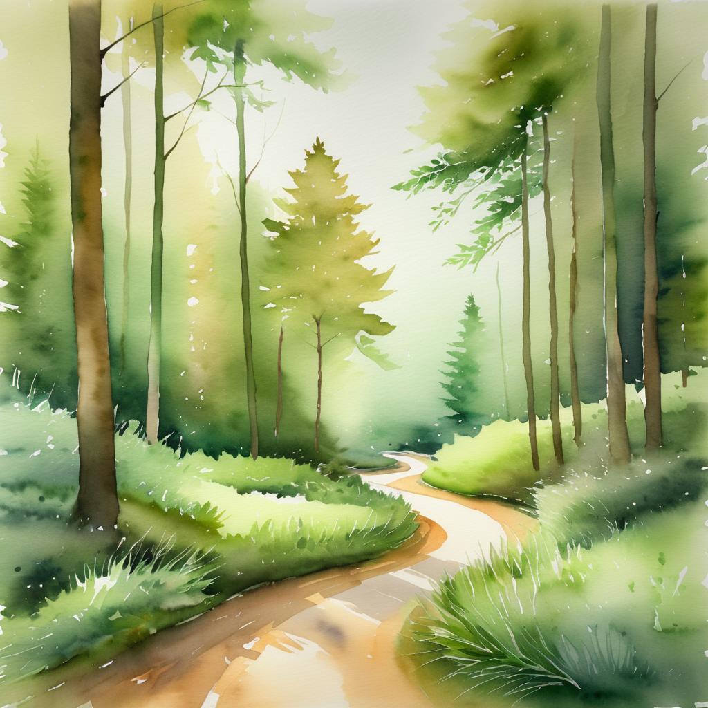 Tranquil Watercolor Forest Path Scene