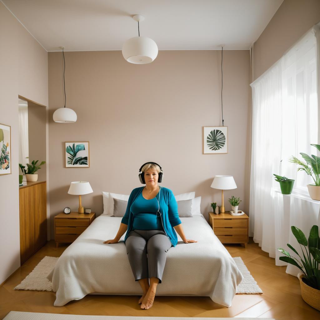 Cozy Bedroom Scene with Woman Listening