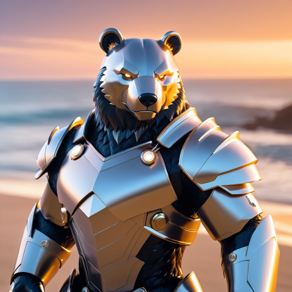 Cinematic Armored Bear at Sunset