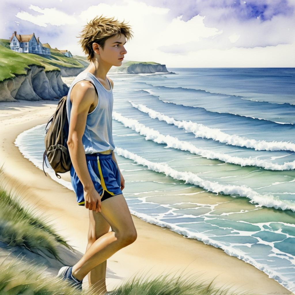 Thoughtful Teen Runner on Lonely Beach