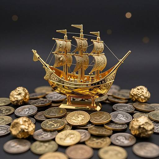Photograph of a detailed, golden ship model with sails, surrounded by scattered gold coins and gold spheres, set against a dark background.