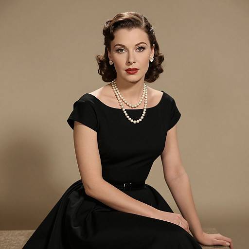 Vintage photograph of a fair-skinned woman with curled brown hair, red lipstick, black off-shoulder dress, pearl necklace, and earrings, sitting