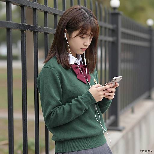 Asian Girl in School Uniform with Smartphone