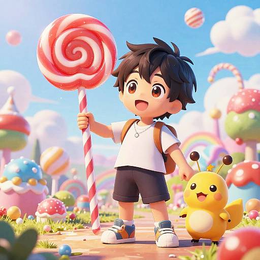 Whimsical digital illustration of a cute, wide-eyed boy with black hair holding a giant red-and-white swirl lollipop, standing beside a yellow,