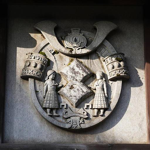 Photograph of a detailed stone relief featuring two ornate, cloaked figures flanking a central circular design with intricate patterns and textures.
