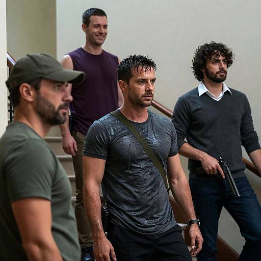 Four Men on Staircase with Weapons