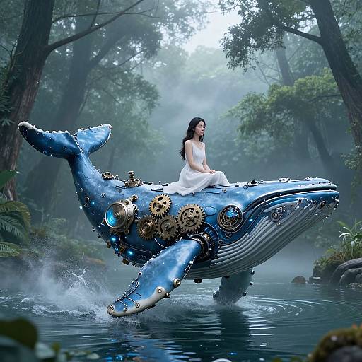Fantasy artwork: A dark-haired woman in a white dress sits on a blue, steam-powered whale with gears and lights, floating in a misty