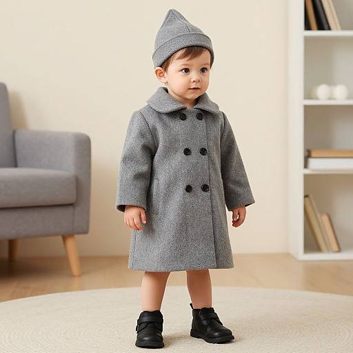 Photograph of a cute toddler with fair skin, brown hair, wearing a gray, double-breasted coat, black boots, and a matching beanie