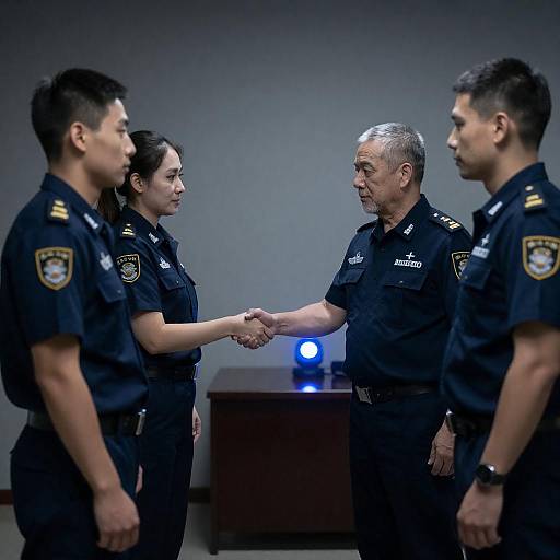 Uniformed Crew Meeting Over Glowing Artifact