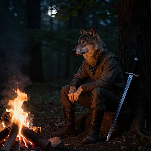 Photograph of a anthropomorphic wolf in medieval armor sitting by a campfire in a dark forest, with a sword leaning against a tree. Nighttime