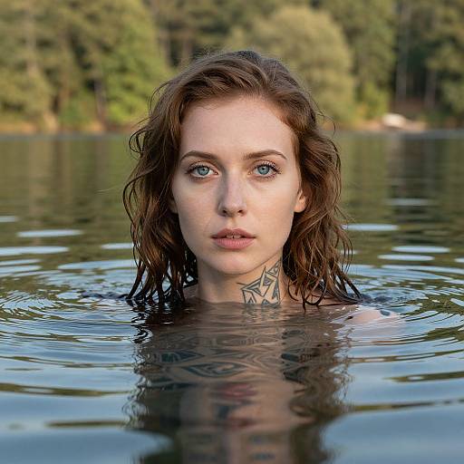 Photograph of a wet, tattooed, fair-skinned woman with blue eyes and brown, wavy hair, emerging from a calm lake, with