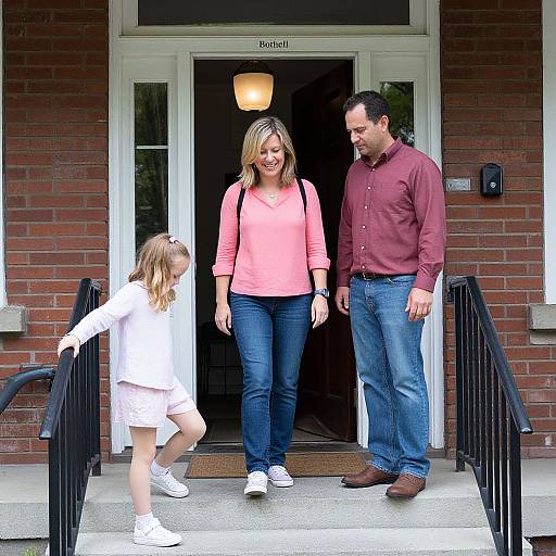 Photograph of a smiling family: mother in pink shirt, father in maroon shirt, and daughter in white dress walking out of a brick building doorway