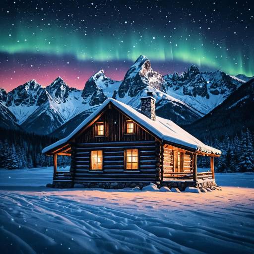 Cozy Snowy Log Cabin with Aurora in Mountain Landscape