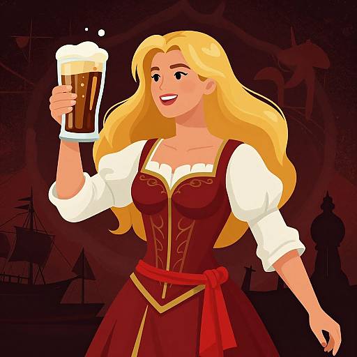 Digital illustration of a smiling blonde woman with long hair, holding a frothy beer mug, wearing a red and white medieval dress, against a dark,