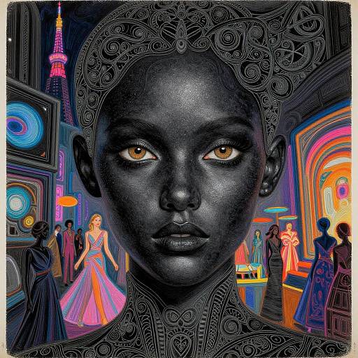 Digital artwork: Black-skinned woman with intricate headpiece, golden eyes, surrounded by vibrant, neon-lit ballroom with colorful, elegant guests.