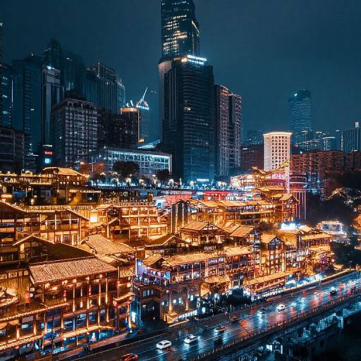 Nighttime photograph of a vibrant cityscape featuring brightly lit traditional buildings, modern skyscrapers, and illuminated streets, creating a striking contrast between old and