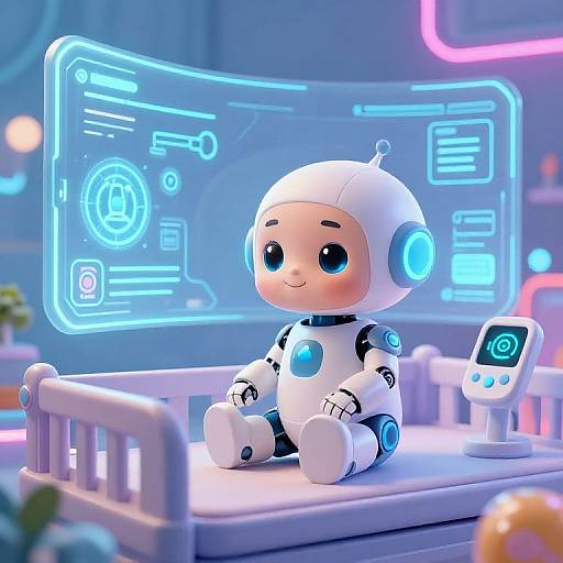 Cute, white, robotic baby with blue accents and large eyes sits on a bed, glowing neon screen in the background. Digital art style.