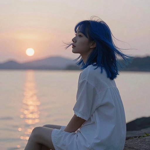 Photograph of a young woman with blue hair, wearing a white, loose, short-sleeved dress, sitting by a serene lake at sunset.