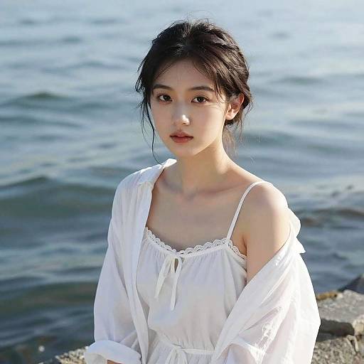 Young Woman in White Dress by Water