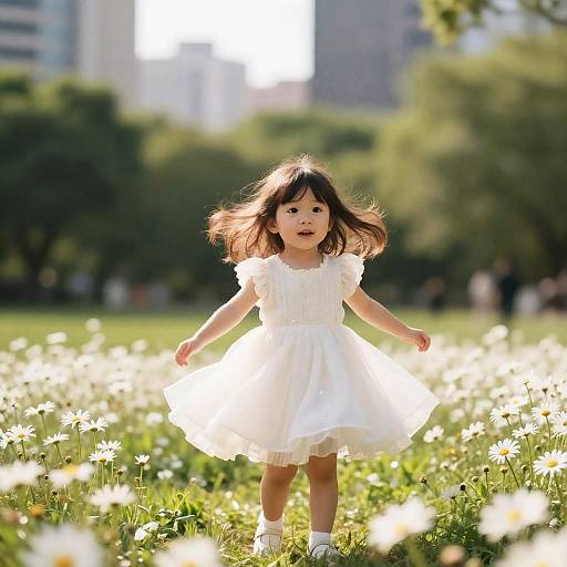 Photograph of a young Asian girl with long brown hair, wearing a white dress, running through a sunlit field of white daisies, with