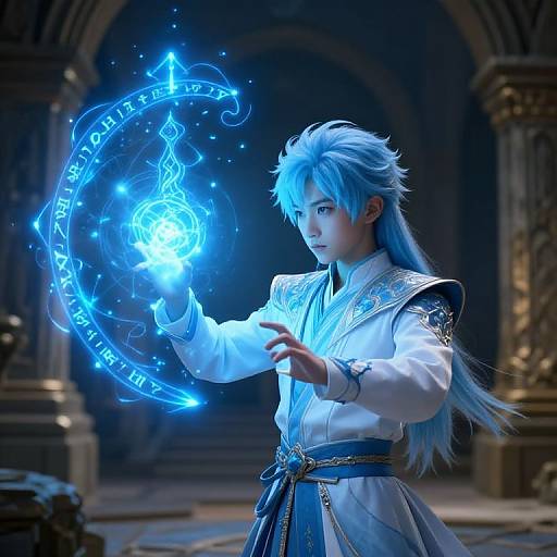 Digital art: Blue-haired, white-robed mage casting magical blue circle with glowing runes and orb, standing in dimly lit, ornate hall.