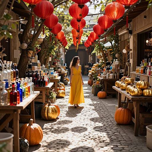 Photograph of a sunlit, cobblestone alleyway adorned with red lanterns, wooden tables with colorful bottles and pumpkins, and a woman