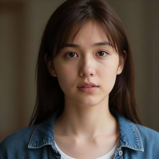 Photograph of a young Asian woman with long brown hair, wearing a blue denim jacket over a white shirt, looking directly at the camera with a neutral