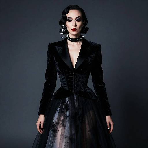 Noir Surrealist Woman in Velvet Tuxedo and Tulle Skirt