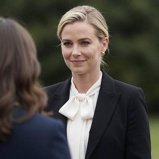 Photograph of a blonde woman with fair skin, wearing a black blazer, white bow blouse, and gold earrings, smiling at a person with brown