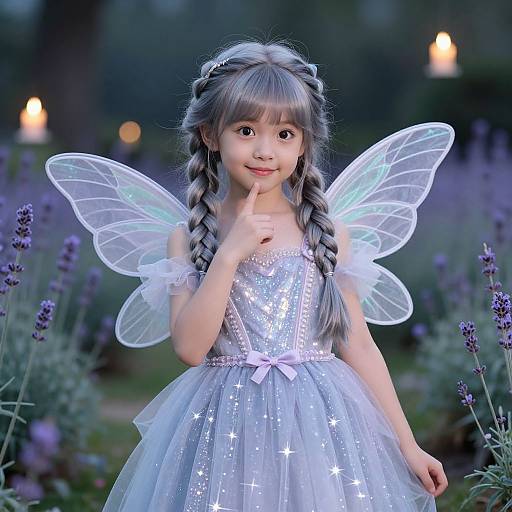 Photograph of a young Asian girl with silver braided hair, wearing a sparkly silver fairy dress and translucent wings, standing in a lavender field at