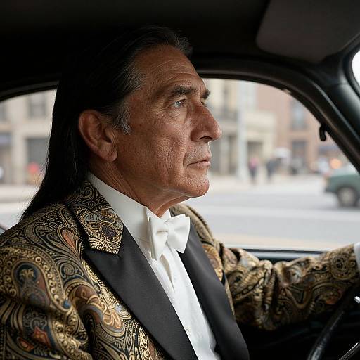 Photograph of an older man with gray hair, wearing a patterned gold jacket, black tuxedo, and white bow tie, seated in a