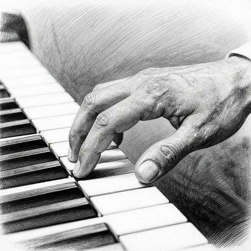 Close-up, black-and-white digital illustration of an elderly hand with visible wrinkles, gently playing a piano keyboard. Detailed textures highlight the aged skin and piano