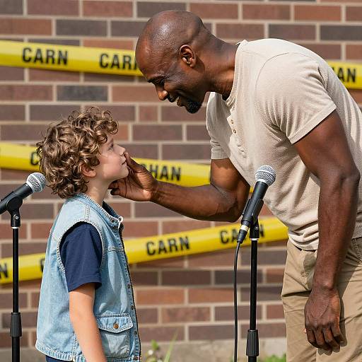 Man and Boy Sharing Moment with Microphones
