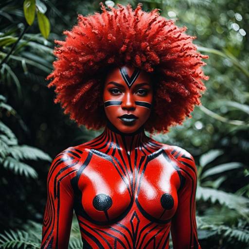 Woman in Red Body Paint with Afro Hairstyle