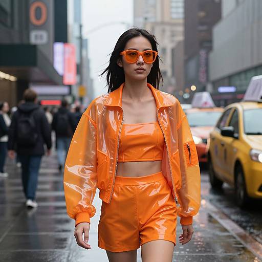 Photograph of an Asian woman in a rainy urban street, wearing bright orange glossy crop top, shorts, and jacket, with matching orange sunglasses, walking