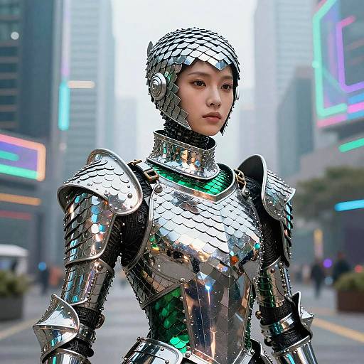 Cyberpunk Synthetic Bard in Emerald Plaza