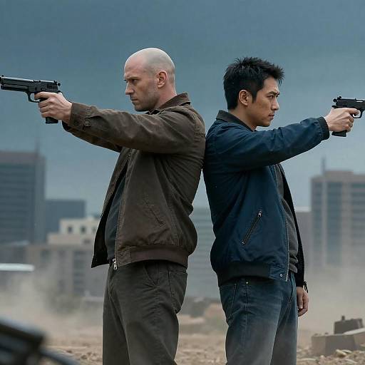 Two Men Back-to-Back Pointing Guns