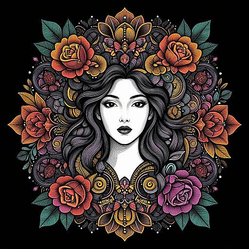 Digital illustration of a white-skinned woman with black, wavy hair surrounded by vibrant, colorful roses and intricate floral patterns on a black background.