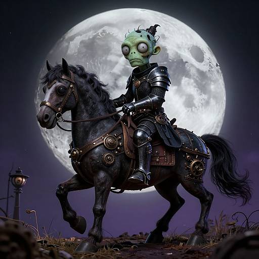 CGI image of a green-skinned, wide-eyed goblin in medieval armor riding a black horse under a full moon, with a dark, star