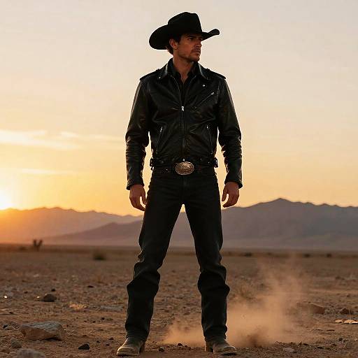 Photograph of a rugged, bearded man in black cowboy attire, standing confidently on a dusty desert plain at sunset.
