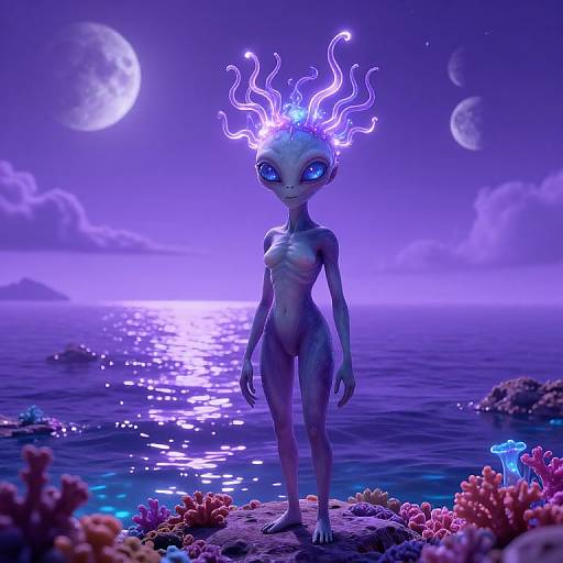 Digital CGI of a glowing, alien humanoid with blue eyes and wavy, neon head tendrils standing on a rocky coral reef at night, with a