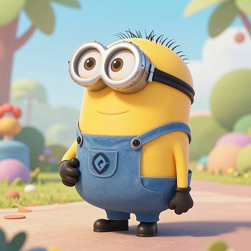 CGI image of Minions' character, yellow with black spiky hair, wearing blue overalls and goggles, standing on a colorful, sunny path