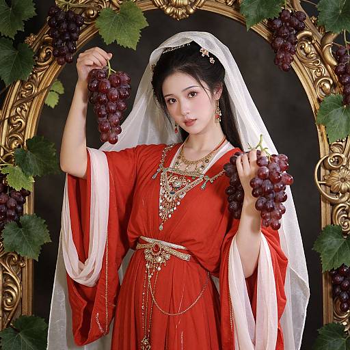 Photograph of an Asian woman in a red, gold-embroidered dress and white veil, holding grape clusters, framed by ornate gold and