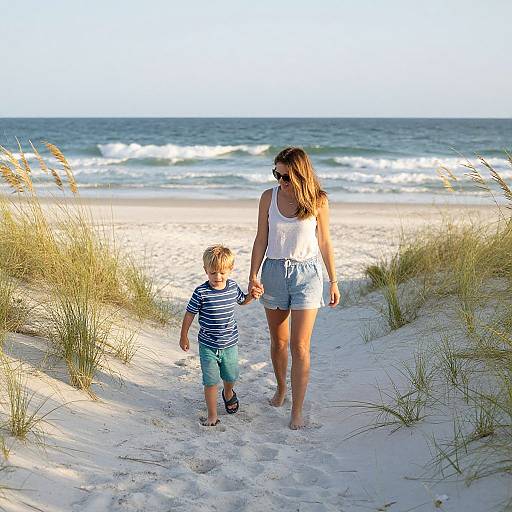 Photograph of a mother and young son holding hands, walking on a sandy beach with tall grasses, ocean waves in the background, both wearing casual