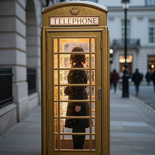 Photograph of a golden British telephone booth with a silhouette of a person in a black coat inside, illuminated by warm light, on a street with blurred
